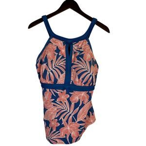 Lands' End 14 DDD-Cup Tummy Control Keyhole High Neck Tankini Top Blue Coral